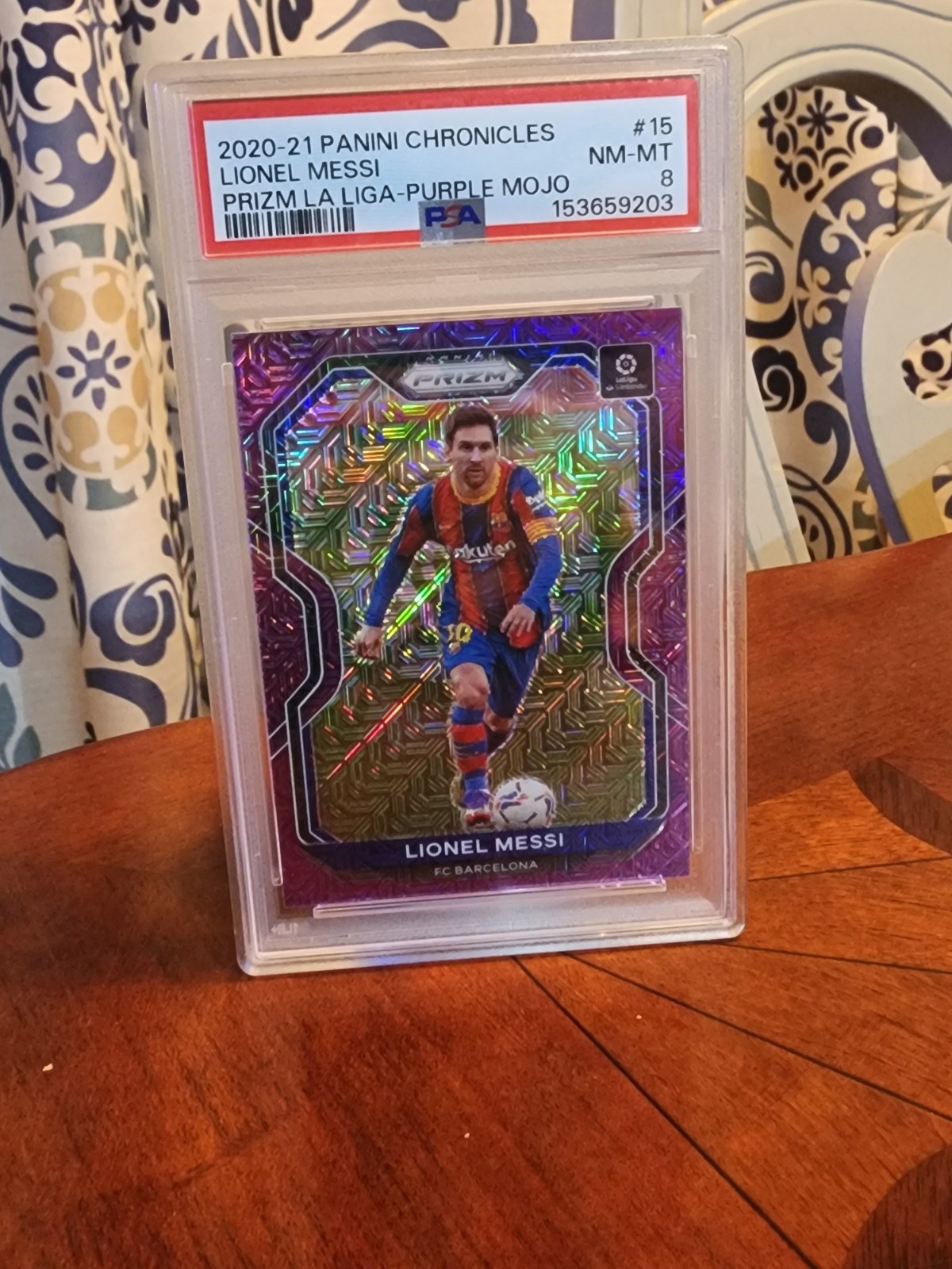 2020-21 Panini Chronicles Prizm La Liga Lionel Messi #15 Purple Mojo Prizm PSA 9