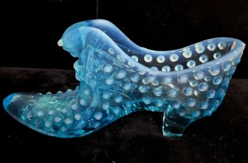 Vintage Fenton Blue Opalescent Glass Hobnail Slipper Shoe Cat Head