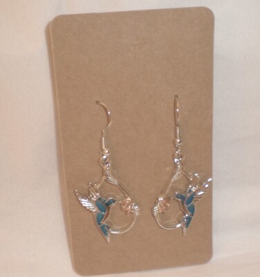 NEW Silvertone Enamel Hummingbird with Flower Dangle Drop Earrings Precious