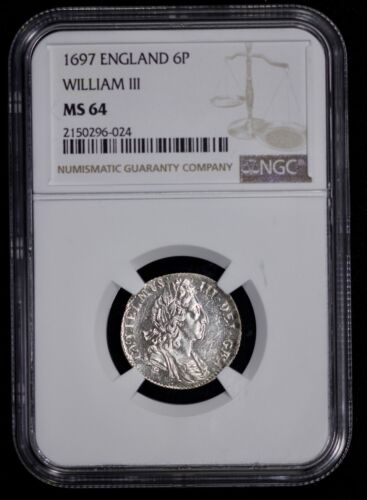 1697 England William III Silver 6p Sixpence NGC MS 64 Looks Proof Like - Picture 1 of 3