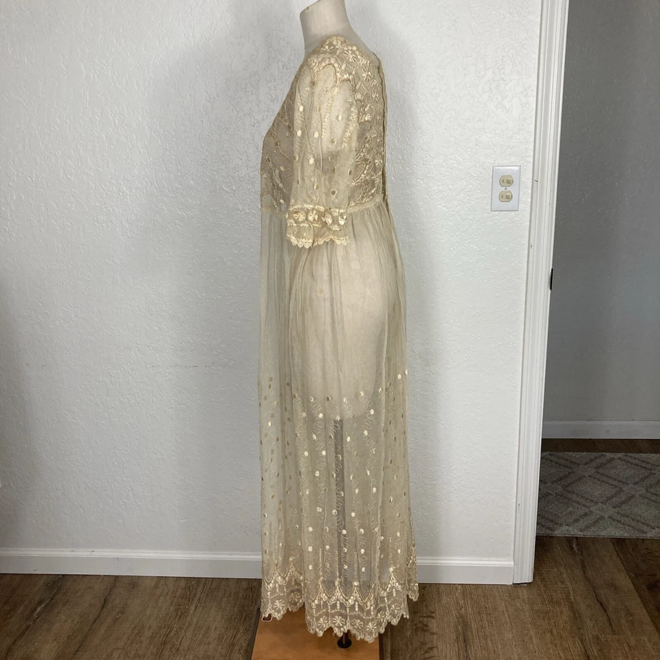 Edwardian Tea Dress Beige Floral Lace Mesh Netting Short-Sleeve Empire Waist 57" - Image 2 of 4