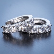 White Gold Plated Mens Womens Small 925 Sterling Silver CZ Hoop Earrings