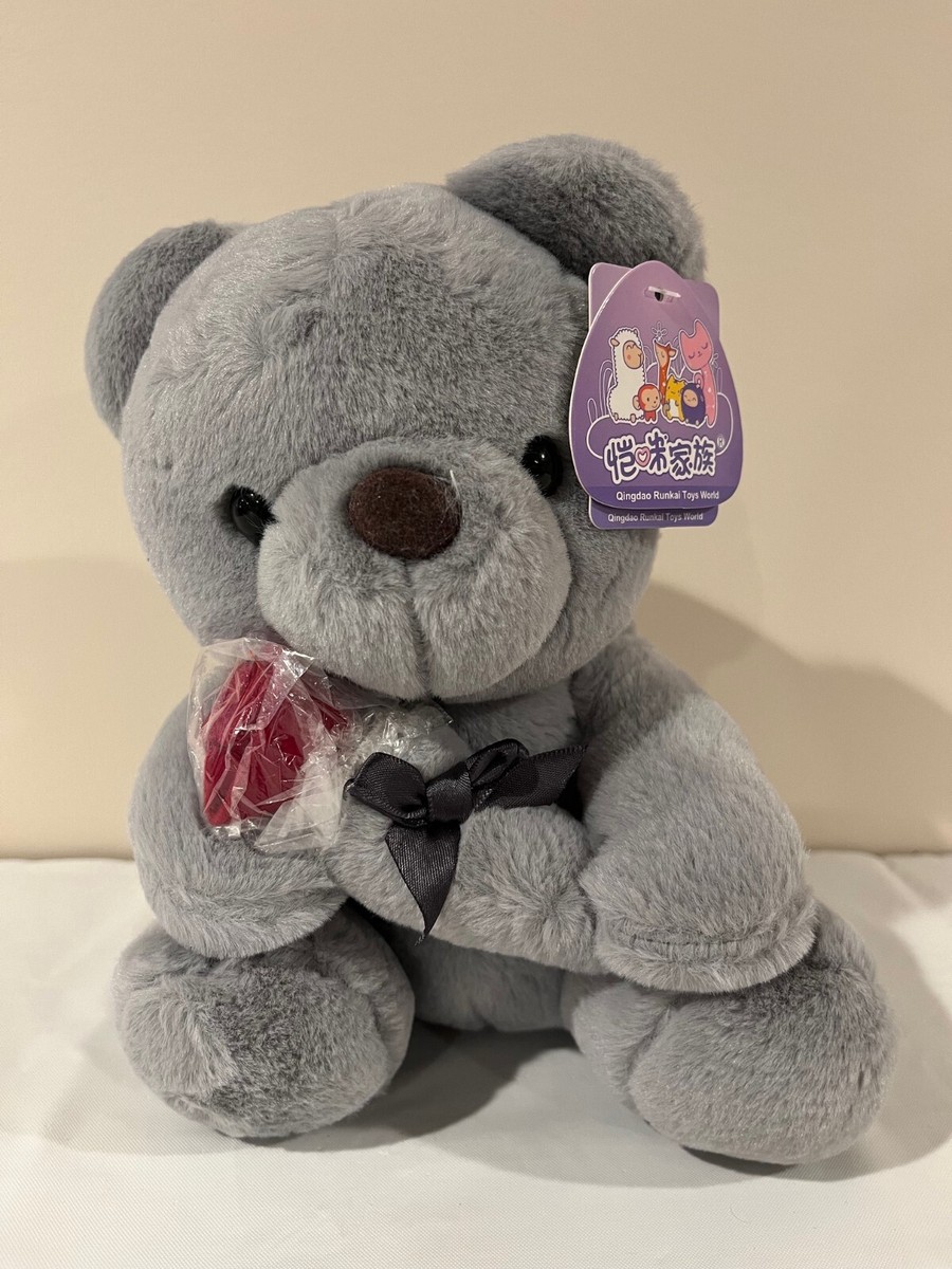 Gray 9” Stuffed Teddy Bear Plush Toy with Rose for Birthday