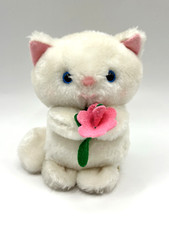 Vintage Russ Kristie White Cat Kitten 6 Plush Blue Eyes Holding Pink Flower