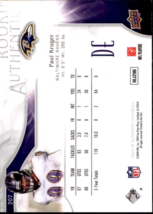 A1642- 2009 SP Authentic #207 Paul Kruger RC /999 SAMPLE PIC - Image 2 of 2