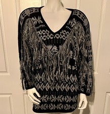 Vintage 1980s Bonnie Boerer Black  Silver Metallic Fringe V-Neck Sweater Sz S