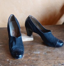 Black Suede W Leather Cap toes 1930s Heels Sz 7.5