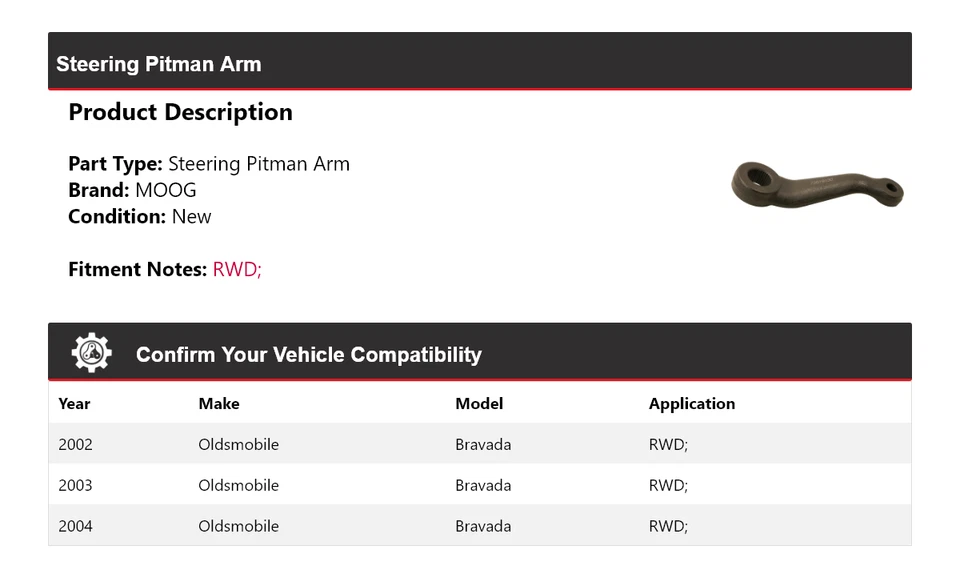 Brazo Pitman de dirección para Oldsmobile Bravada 2002-2004 tracción trasera MOOG 2002 2003 2004 Foto 2 de 4
