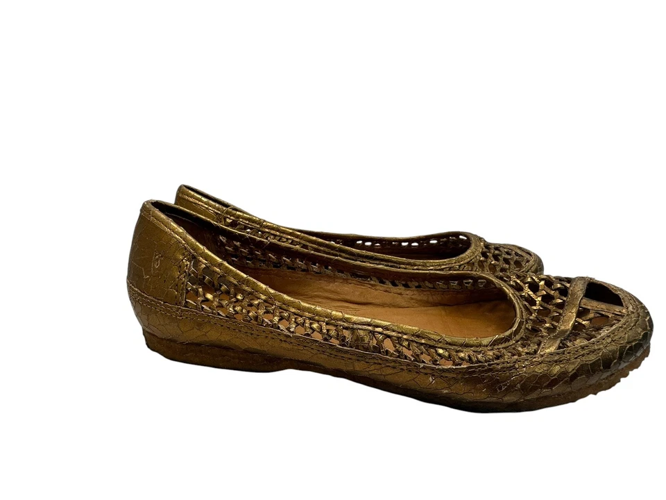 Frye zapatos planos sin cordones metálicos de cuero tejido dorado crujido 8,5 Foto 3 de 4