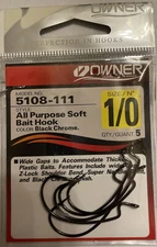 Owner All Purpose Soft Bait Hook - Bass, Trout & Walleye 5108-111 1/0 Qty 5