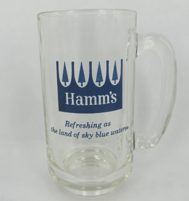 Rare west coast REFRESHING as Hamm's Beer MUG pub bar glass 5 1/2" Blue trees