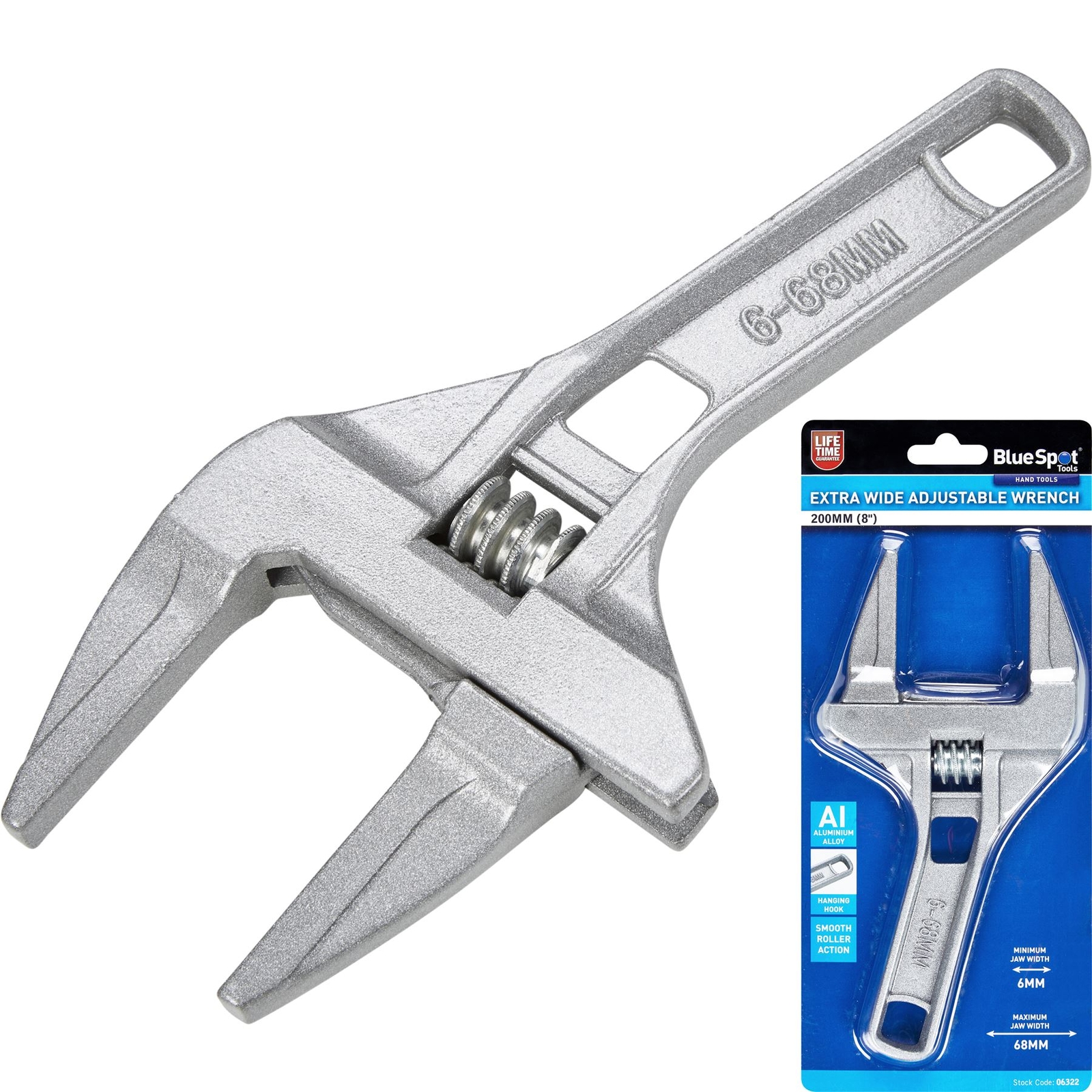 BlueSpot Extra Wide Opening Jaw Adjustable Spanner Wrench 8"" 200mm 6mm - 68mm