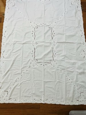 Vintage White Tablecloth 83 x64 Battenburg Cutwork Lace Cotton