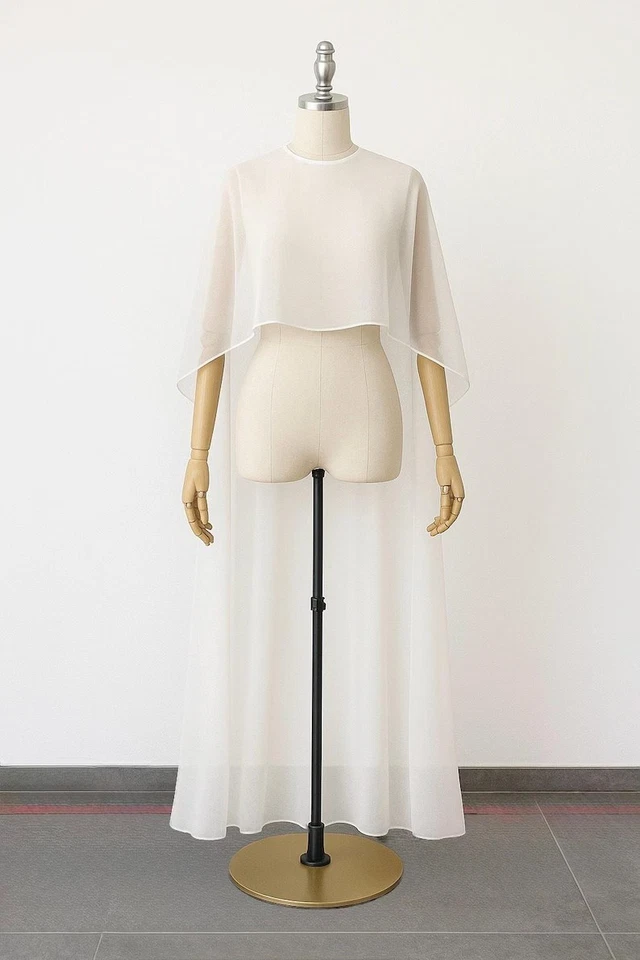 Marfil Chifón Capa de Novia Transparente Vestido de Novia Encubrimiento Alto-Bajo Mantón de Boda Foto 2 de 4