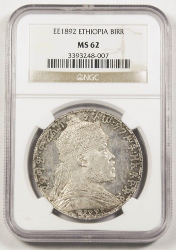 ETHIOPIA EE 1892 (1900) Birr Silver Coin Crown Paris Mint Menelik II NGC MS62 BU
