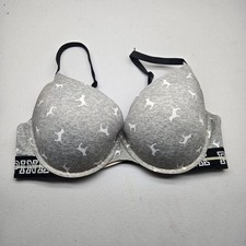 Victoria's Secret PINK Women Bra 36DD Gray Outer Pink Lining Logo AOP READ