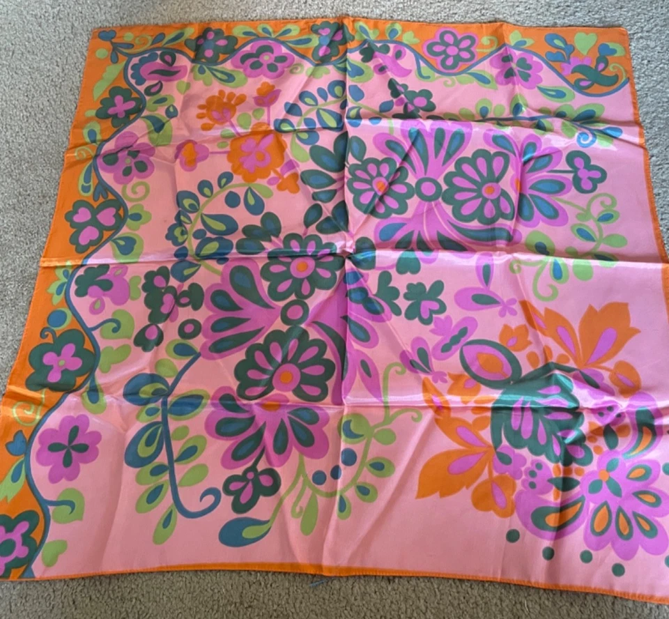 Vintage 1960’s Bright Mod Flower Power Silk? Scarf - 26” Square - Image 2 of 2