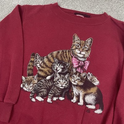 Vintage 90s Cotton Grove Cute Kitten Cat Graphic Sweatshirt Red USA Women XL