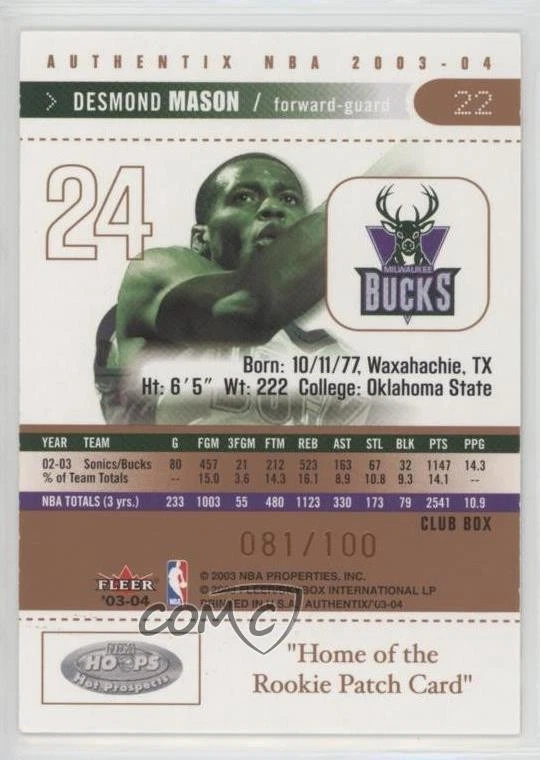 2003-04 Fleer Authentix Club Box /100 Desmond Mason #22 - Image 2 of 2