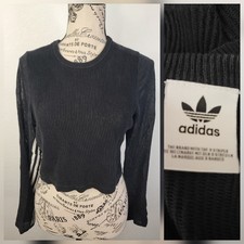 Adidas Originals Ribbed Crop Top Womens SZ XL Semi Sheer Long Sheer Sleeve Black