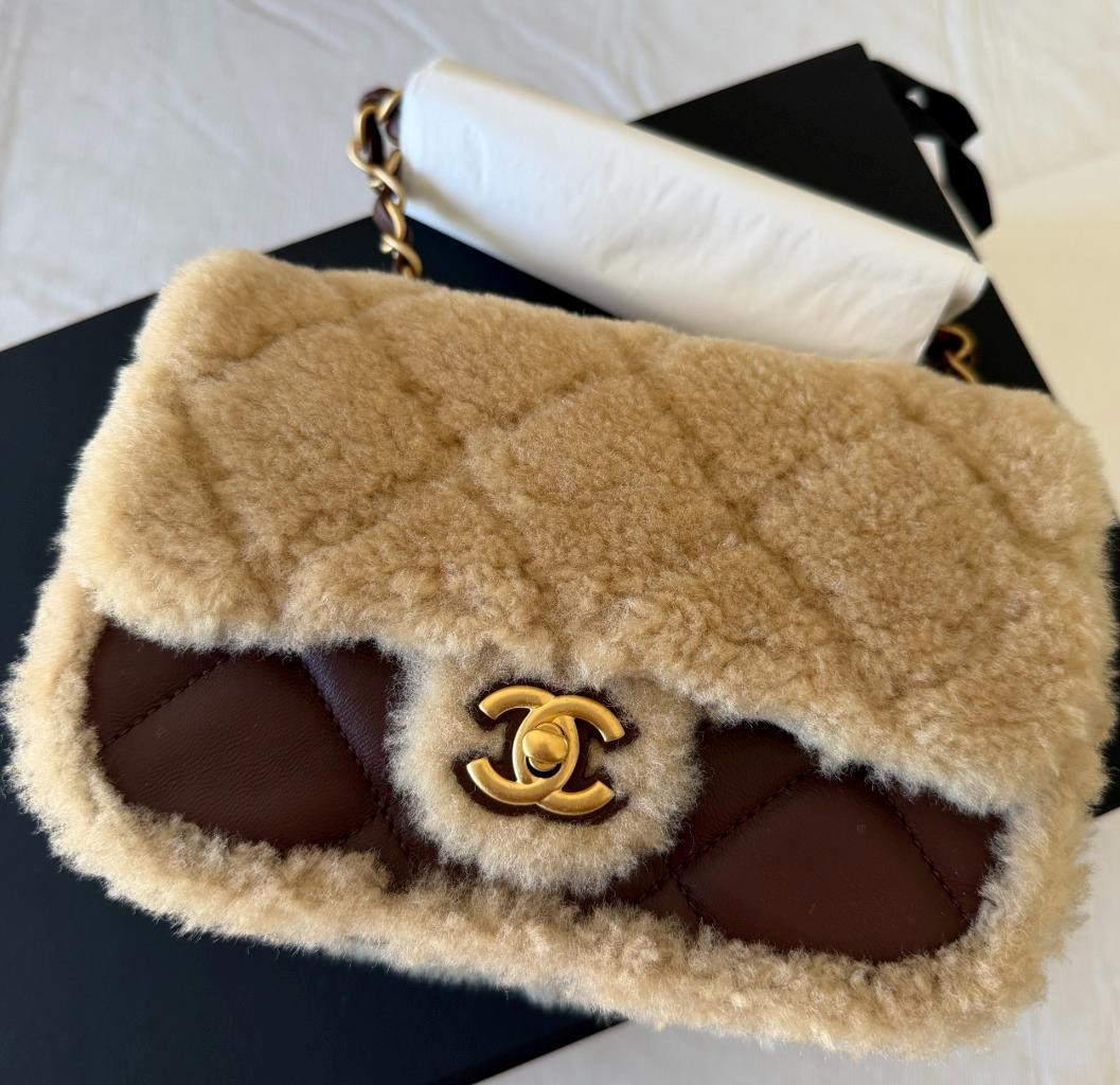 New Chanel Mini Shearling Flap Bag Brown Lambskin Brush Gold