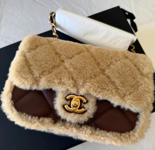 New Chanel Mini Shearling Flap Bag Brown Lambskin Brush Gold Hardware Furry Coco