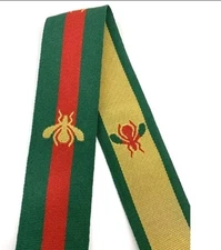 Gucc! Inspired Green & Red Gold  Bee Jacquard Ribbon 1.5"  Sold By The Yard