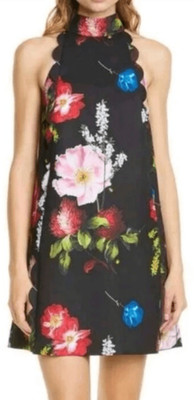 Ted Baker Tanii Black Floral Scallop Shift Dress Halter Neckline Zip Up Size 0