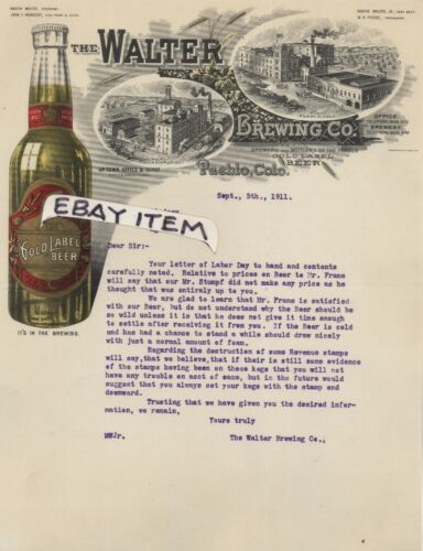 1911 WALTER BREWING CO. Hrubesky PIERCE cervecería CERVEZA Pueblo Colorado MEMBRETE  - Imagen 1 de 2