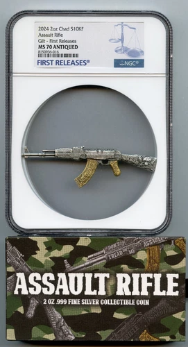 2024 Assault Rifle 2 Oz Silver Gold Gilt NGC MS70 Antiqued Chad Coin - JR084