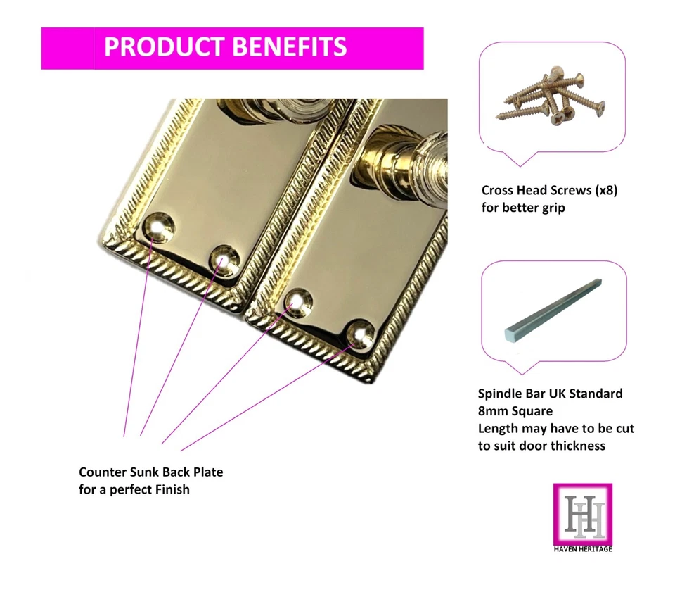 Door Handles Stylish Georgian Brass Plated Lever Latch Roped Edge Handles - Image 4 of 4