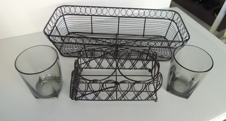 Wire Basket set long basket 16" x 6 1/2" glass holder 8" x 4" glass plastic grey - Image 4 of 4