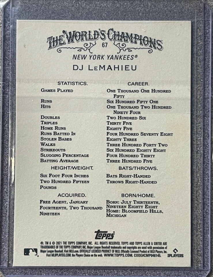 2021 Topps Allen & Ginter X DJ LeMahieu  #67 - Free Shipping Always! - Image 4 of 4