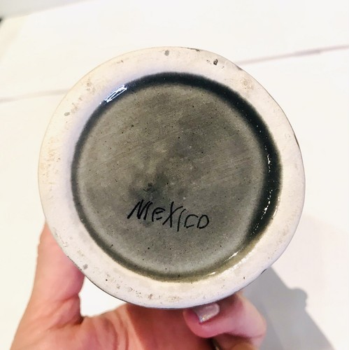 Tazza ceramica messicana stile Tonala Ken Edwards firmata Messico foglie fiori grigio - Foto 3 di 5