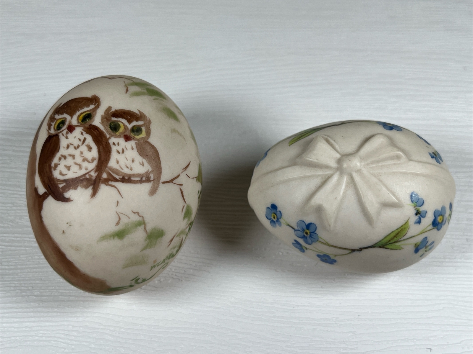Two Hand Painted Bisque Ceramic Eggs Two Owls in a Tree & Tiny Blue