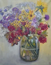 still life with red viburnum, original oil painting, bouquet of wild flowers art