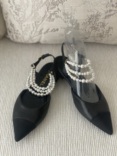 CHANEL Slingback Black Pearl-Embellished Women's Shoes Size EU 38C