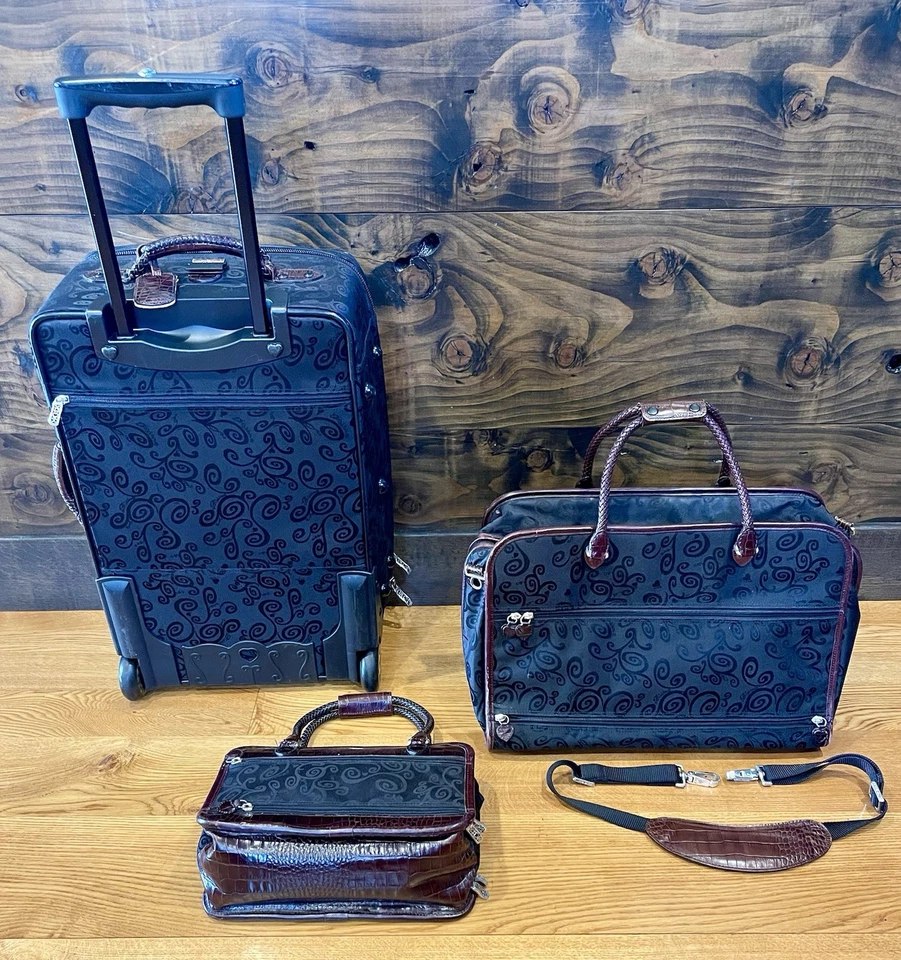 Brighton Lansky 3pc Luggage Set Black Brown Croc Embossed Leather - Image 2 of 4