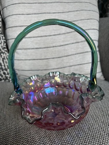 Fenton Carnival Glass Basket Aqua/Rose