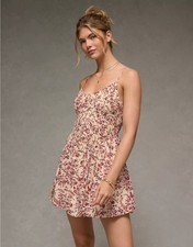 American Eagle Bella Bubble Hem Mini Dress Cream Floral Sz M