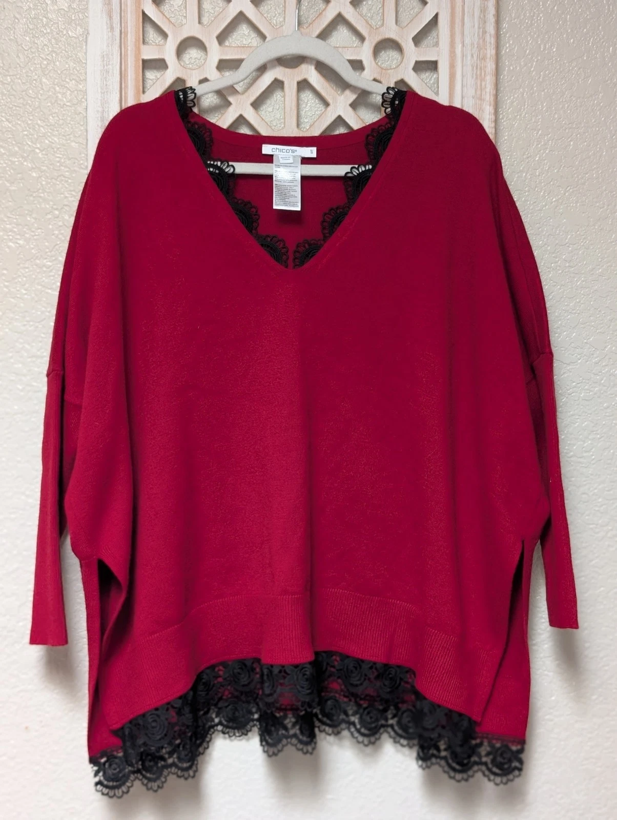 Chico's Size S/M Red V-Neck Sweater Poncho Style Black Lace Oversized Romance