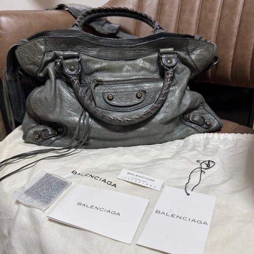 Balenciaga The City 115748 Leather Handbag 2way Shoulder Bag Gray Metallic Auth