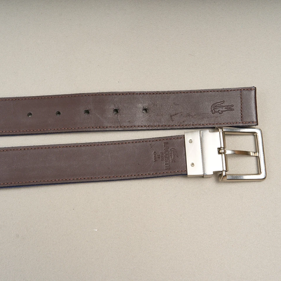 Cinturón de cuero Lacoste de lona para hombre 32 marrón marino reversible hebilla de níquel cocodrilo Foto 3 de 4