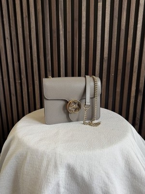 Gucci Interlocking G Gray Pebbled Small Shoulder Bag Chain Strap Dust Bag