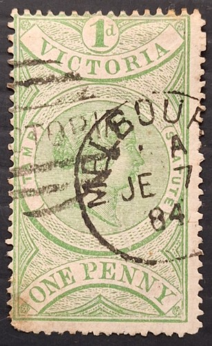 1884 Victoria Australia 1d Green Stamp Statute P12.5 WMK V/Crn Upright used £110