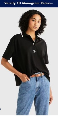 Tommy Hilfiger Damen-Polo-T-Shirt schwarz Varsity TH Monogramm Relaxed Größe S neu mit Etikett
