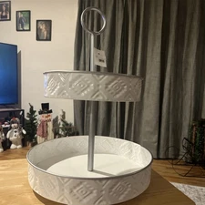 White Galvanized Metal Rustic Round Two Tier Farmhouse Tray Serving Stand