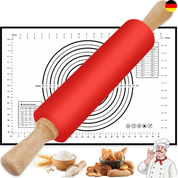 Nudelholz Mit Backmatte Teigroller Silikon 43Cm Silikonmatte 60×40Cm BackzubehöR-image