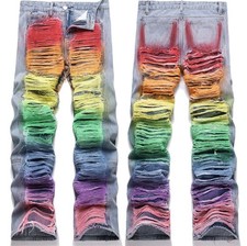 Men's Blue Denim Jeans Colorful Printed Tassels Punk Hip Hop Pants Street Boy