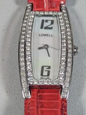 Lowell Pearlized Dial Silvertone Crystal Accent Rectangle Case Red Leather Watch